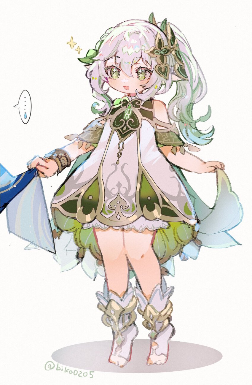 ..., 1boy, 1girl, biko0205, blush, child, clothing_request, full_body, genshin_impact, green_eyes, green_hair, high_ponytail, highres, long_hair, multicolored_hair, nahida_(genshin_impact), open_mouth, pointing, pointing_to_the_side, pointy_ears, ponytail, scaramouche_(genshin_impact), sparkle, speech_bubble, spoken_sweatdrop, sweatdrop, wanderer_(genshin_impact), white_background, white_hair