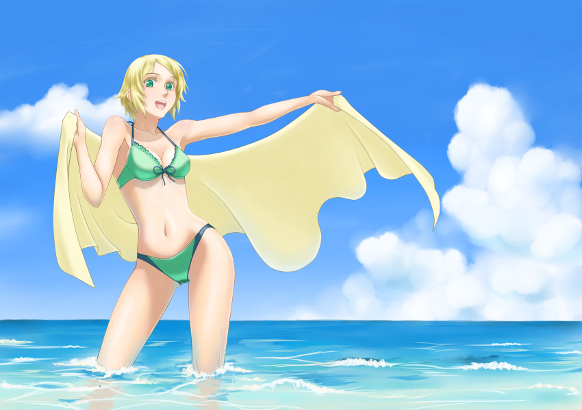 1girl, bad_id, bad_pixiv_id, bikini, blonde_hair, breasts, cleavage, cloud, day, female_focus, front-tie_top, green_bikini, green_eyes, highres, lowleg, medium_breasts, ocean, open_mouth, original, short_hair, sky, smile, solo, submerged, swimsuit, tenjou_no_hoshi, towel, wading, water