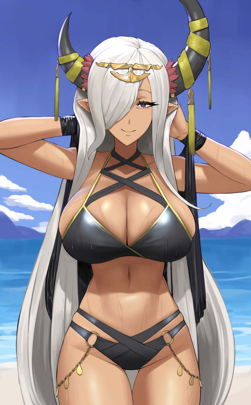 1girl, absurdres, alternate_costume, arms_behind_head, arms_up, asymmetrical_horns, bare_shoulders, beach