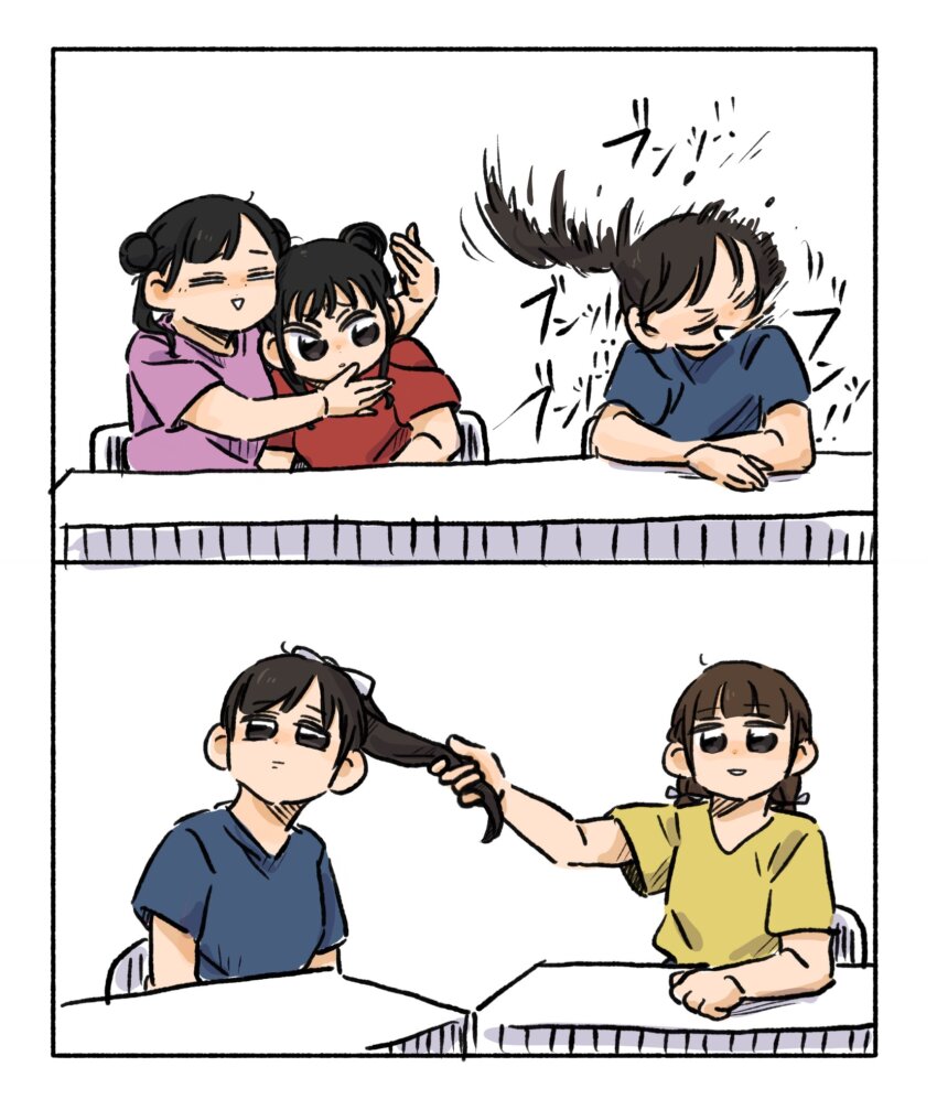 4girls, animification, aoyama_nagisa, blue_shirt, bow, brown_eyes, brown_hair, double_bun