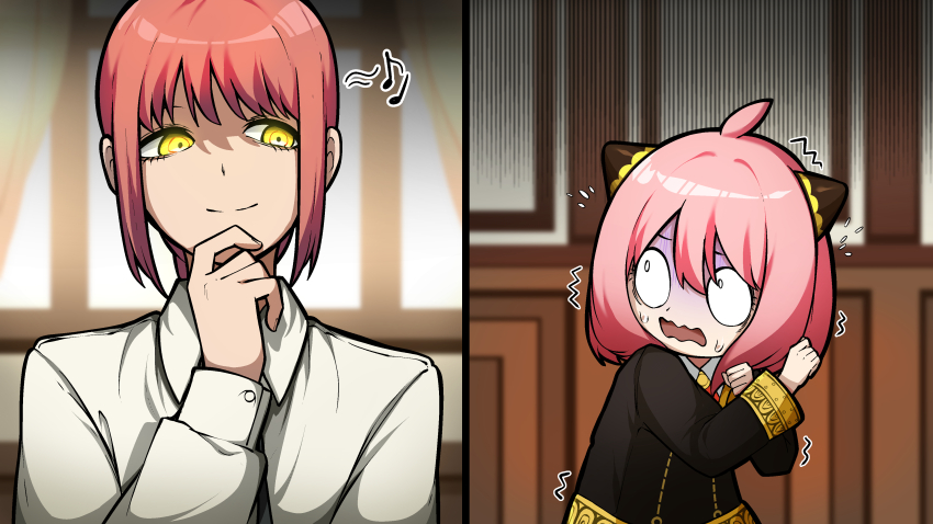 2girls, absurdres, anya_(spy_x_family), buttoned_cuffs, buttons, chainsaw_man, closed_mouth, collared_shirt