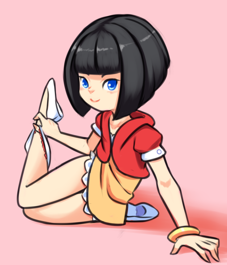 1girl, arm_support, black_hair, blue_eyes, blush, bracelet, collarbone, drantyno