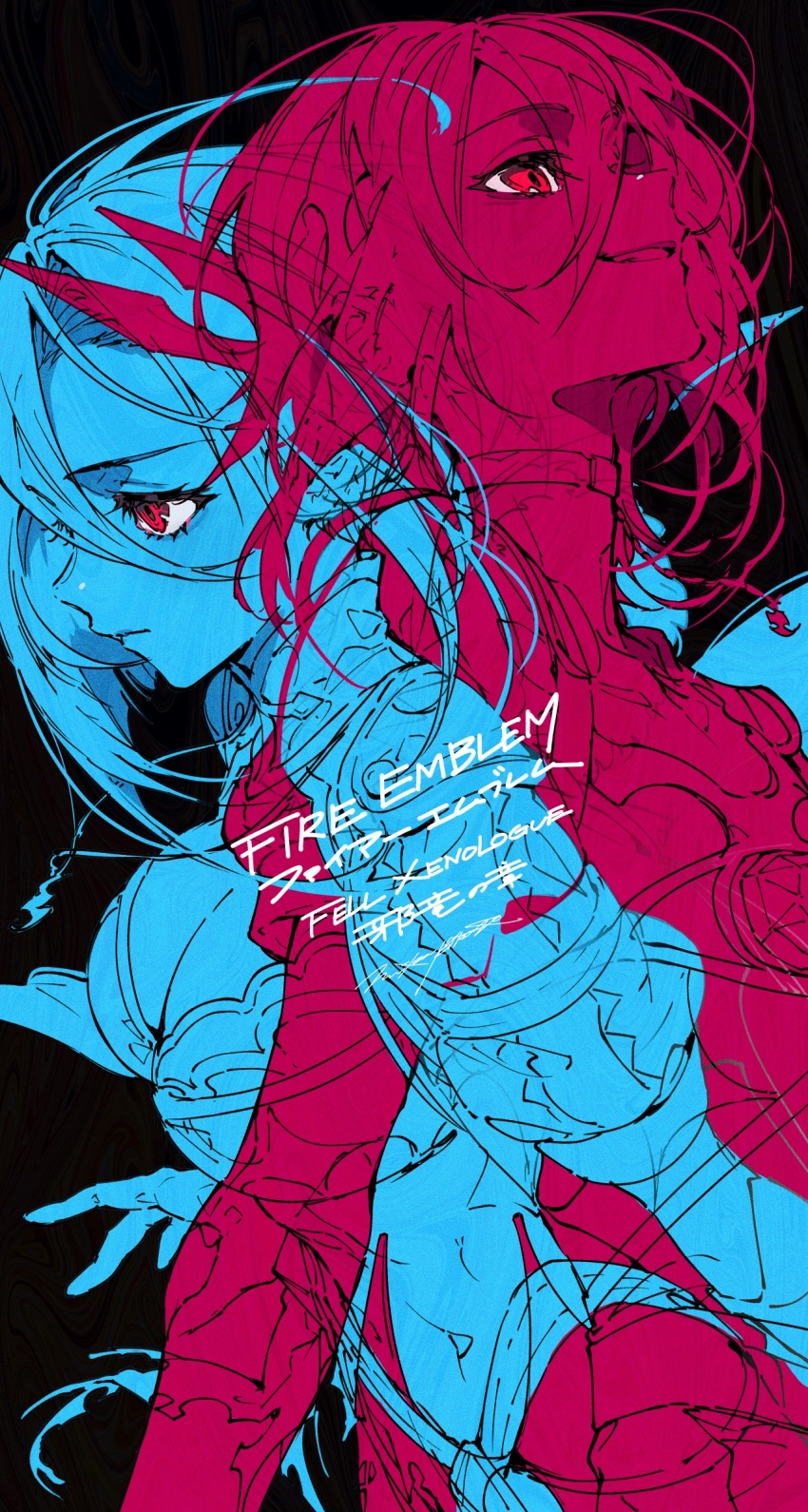 1boy, 1girl, abstract, absurdres, asymmetrical_bangs, asymmetrical_clothes, breasts, brother_and_sister