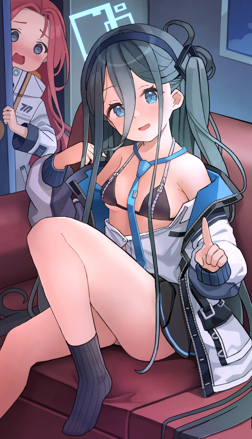 2girls, absurdres, aris_(blue_archive), bag, bare_shoulders, between_breasts, bikini, bikini_top_only, black_skirt, blue_archive, blue_eyes, blush, breasts, commentary_request, cosplay, eimi_(blue_archive), eimi_(blue_archive)_(cosplay), hair_between_eyes, hairband, highres, long_hair, long_sleeves, looking_at_viewer, multiple_girls, nomio, off_shoulder, open_clothes, open_mouth, petite, pleated_skirt, red_hair, school_uniform, shirt, sitting, skirt, small_breasts, socks, string_bikini, swimsuit, yuzu_(blue_archive), zipper