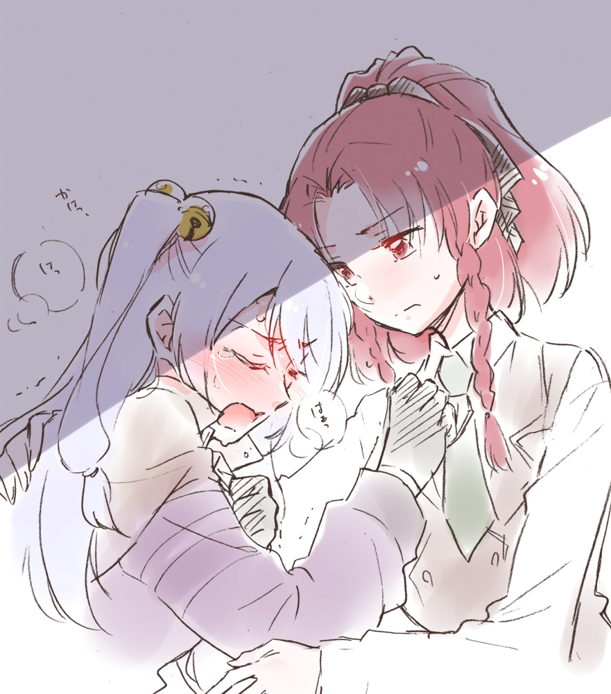 2girls, assault_lily, bell, black_gloves, black_hair, blush, braid, brown_cape