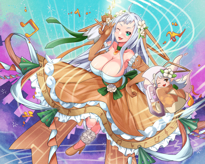 2girls, :3, ashikoshi_jakushi, conductor_baton, breasts, cleavage, detached_sleeves, dress, duel_monster, fairy, full_body, green_eyes, grey_hair, high_heels, highres, huge_breasts, lasolfachord_angelia, long_hair, looking_at_viewer, multiple_girls, musical_note, musical_note_print, one_eye_closed, orange_dress, orange_eyes, short_bangs, smile, solo_focus, strapless, strapless_dress, very_long_hair, yu-gi-oh!