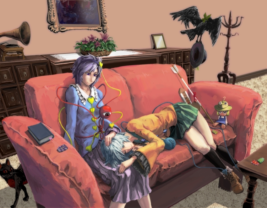 2girls, aged_up, arrow_(projectile), bird, book, boots, bow, cat