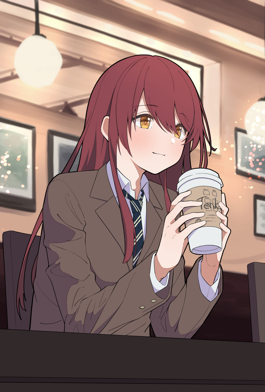 1girl, absurdres, blue_necktie, blush, brown_hair, brown_jacket, chair, closed_mouth