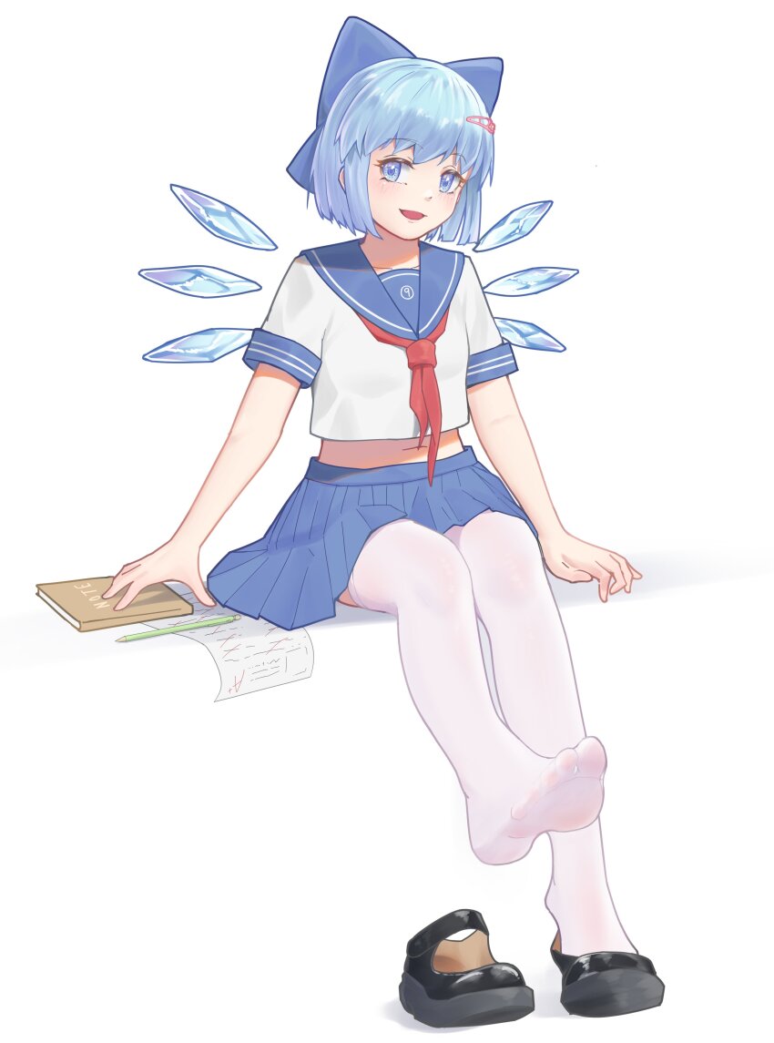 1girl, absurdres, black_shoes, blue_bow, blue_eyes, blue_hair, blue_skirt, blue_wings
