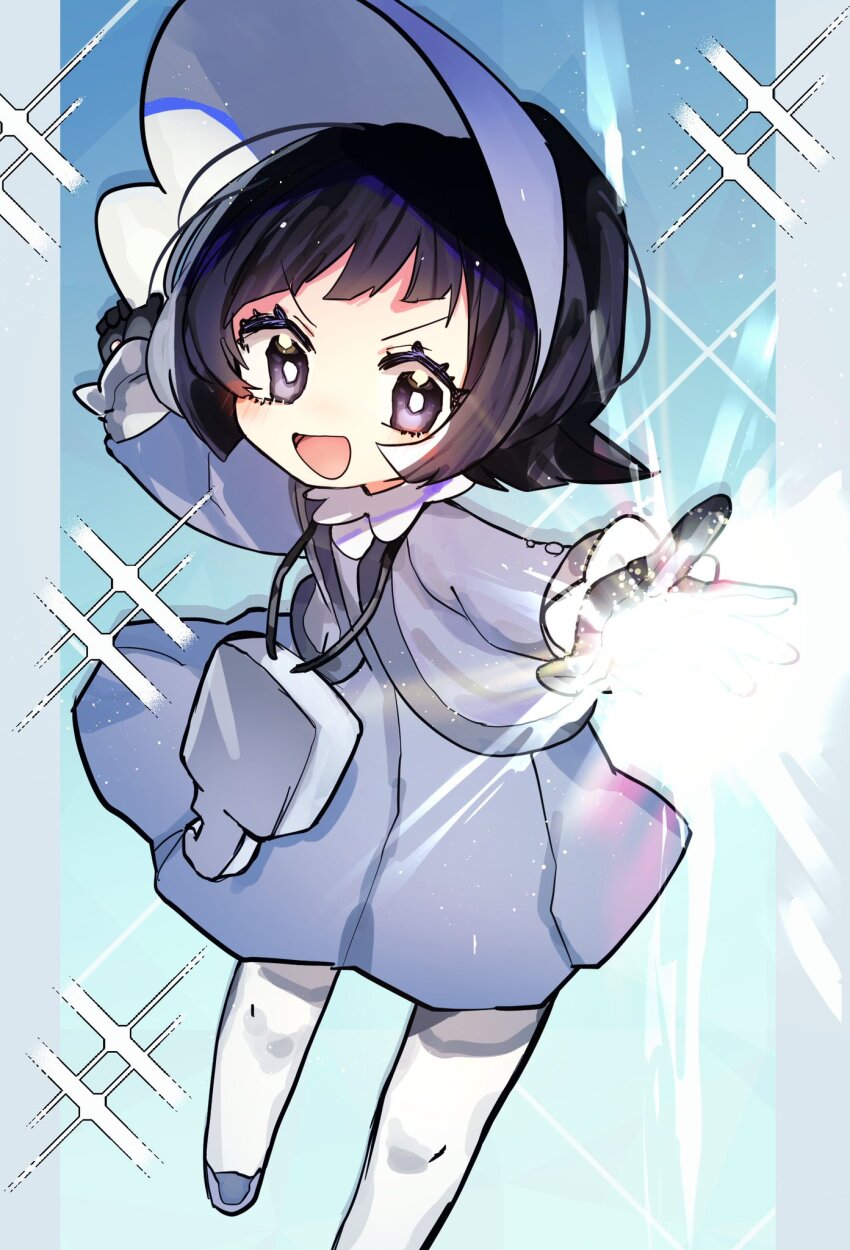 1girl, :d, aosoraa6, black_gloves, black_hair, bright_pupils, commentary_request, dress