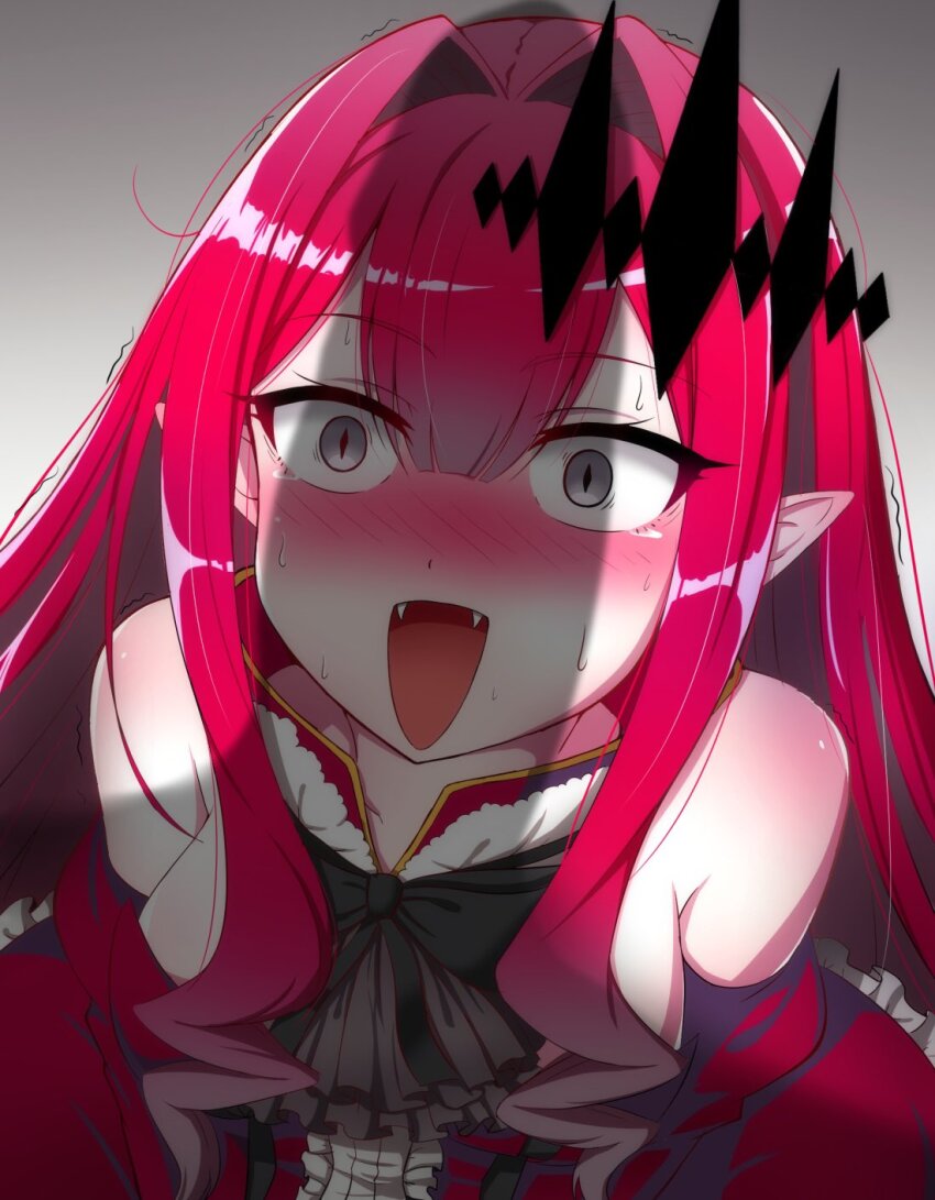 1boy, 1girl, baobhan_sith_(fate), baobhan_sith_(first_ascension)_(fate), bare_shoulders, center_frills, dress, embarrassed, fang, fate/grand_order, fate_(series), frills, grey_eyes, highres, offscreen_person, penis_awe, pointy_ears, red_dress, red_hair, sexually_suggestive, sidelocks, sotomichi, surprised, tiara