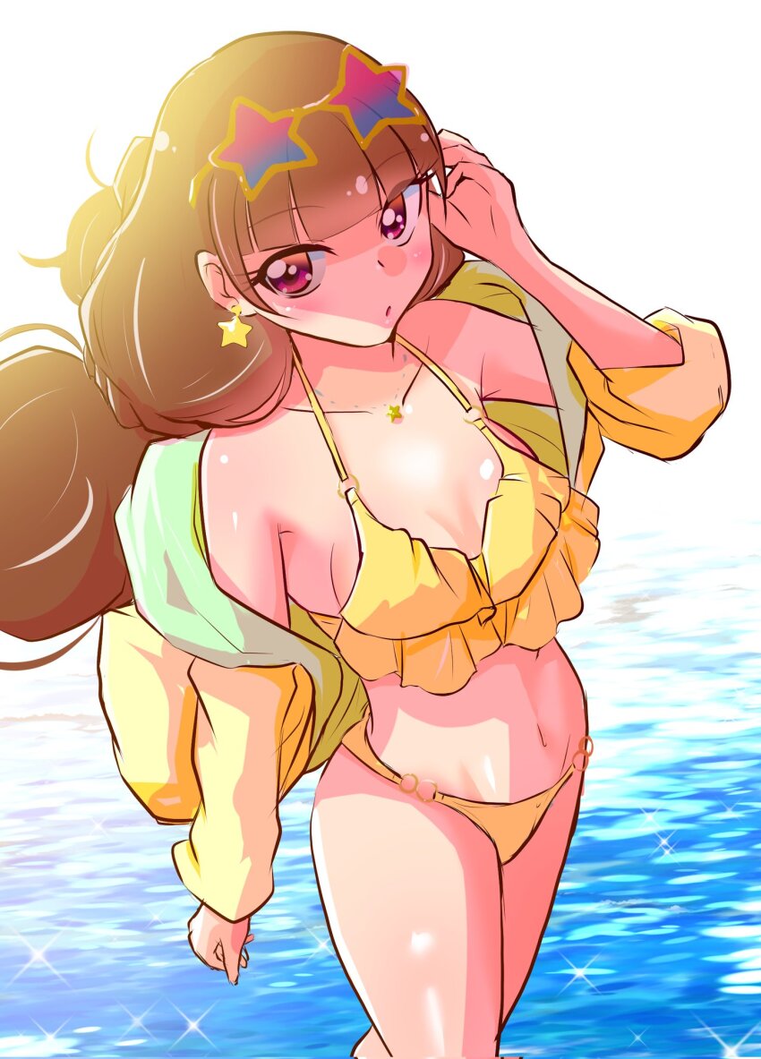 1girl, amanogawa_kirara, bikini, breasts, brown_hair, buta_obutu, day, earrings