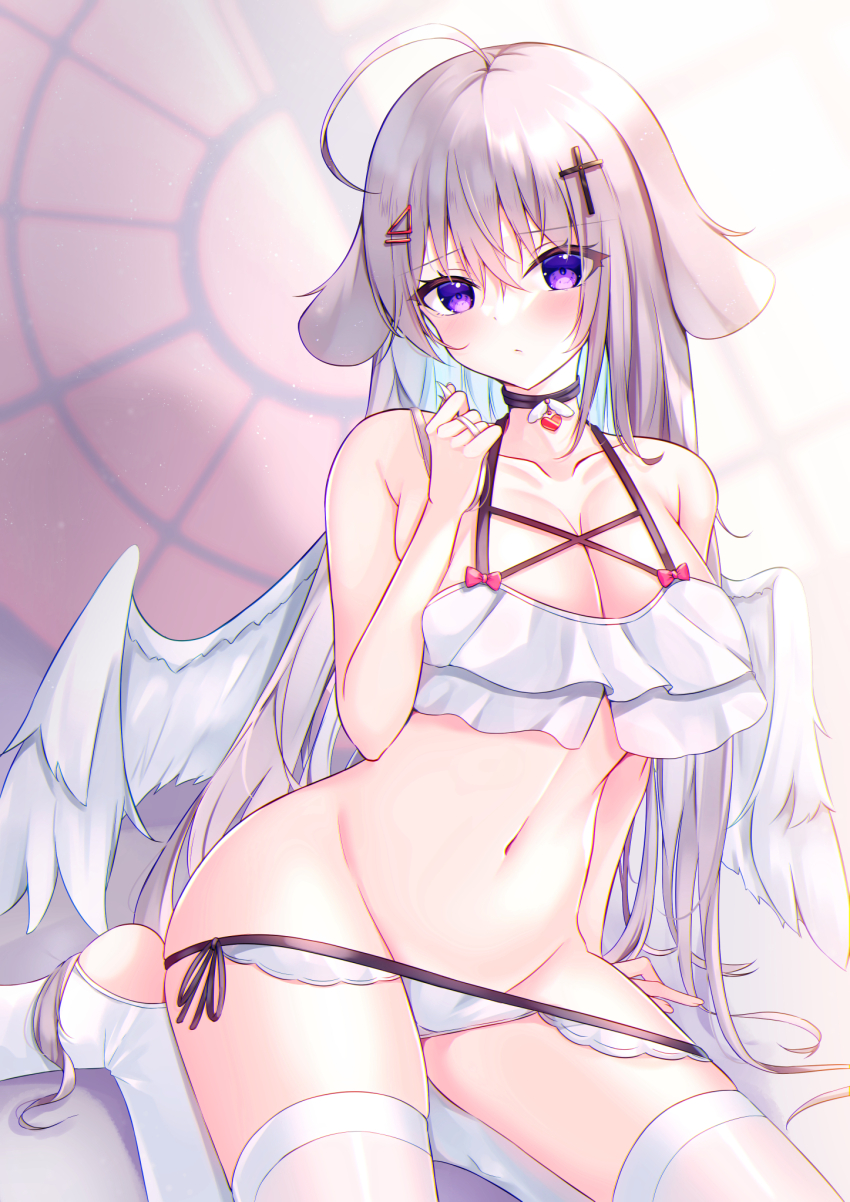 1girl, ahoge, akuma_shitsuji_to_kuroi_neko, angel, angel_wings, aonu_koru, arm_support, bare_arms, black_choker, blue_hair, blush, bra, breasts, choker, cleavage, closed_mouth, collarbone, colored_inner_hair, cross_hair_ornament, crossed_bangs, feathered_wings, genderswap, genderswap_(mtf), grey_hair, hair_between_eyes, hair_flaps, hair_ornament, hand_up, heel-less_legwear, highres, large_breasts, light_blue_hair, long_hair, looking_at_viewer, multicolored_hair, navel, panties, panty_pull, purple_eyes, side-tie_panties, sitting, solo, stomach, tenshi_(akuma_shitsuji_to_kuroi_neko), thighhighs, underwear, white_bra, white_panties, white_thighhighs, white_wings, wings, yokozuwari