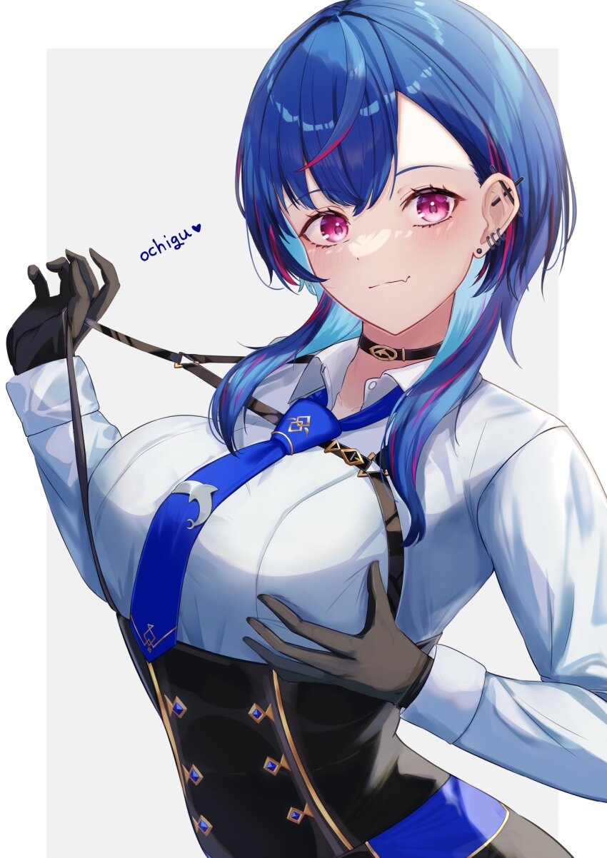 1girl, 717minami, alternate_breast_size_(larger), black_choker, black_corset, black_gloves, blue_hair, blue_necktie, breasts, choker, collared_shirt, commentary_request, corset, gloves, highres, large_breasts, long_hair, looking_at_viewer, multicolored_hair, necktie, nijisanji, nishizono_chigusa, nishizono_chigusa_(4th_costume), pink_eyes, pink_hair, shirt, solo, streaked_hair, virtual_youtuber