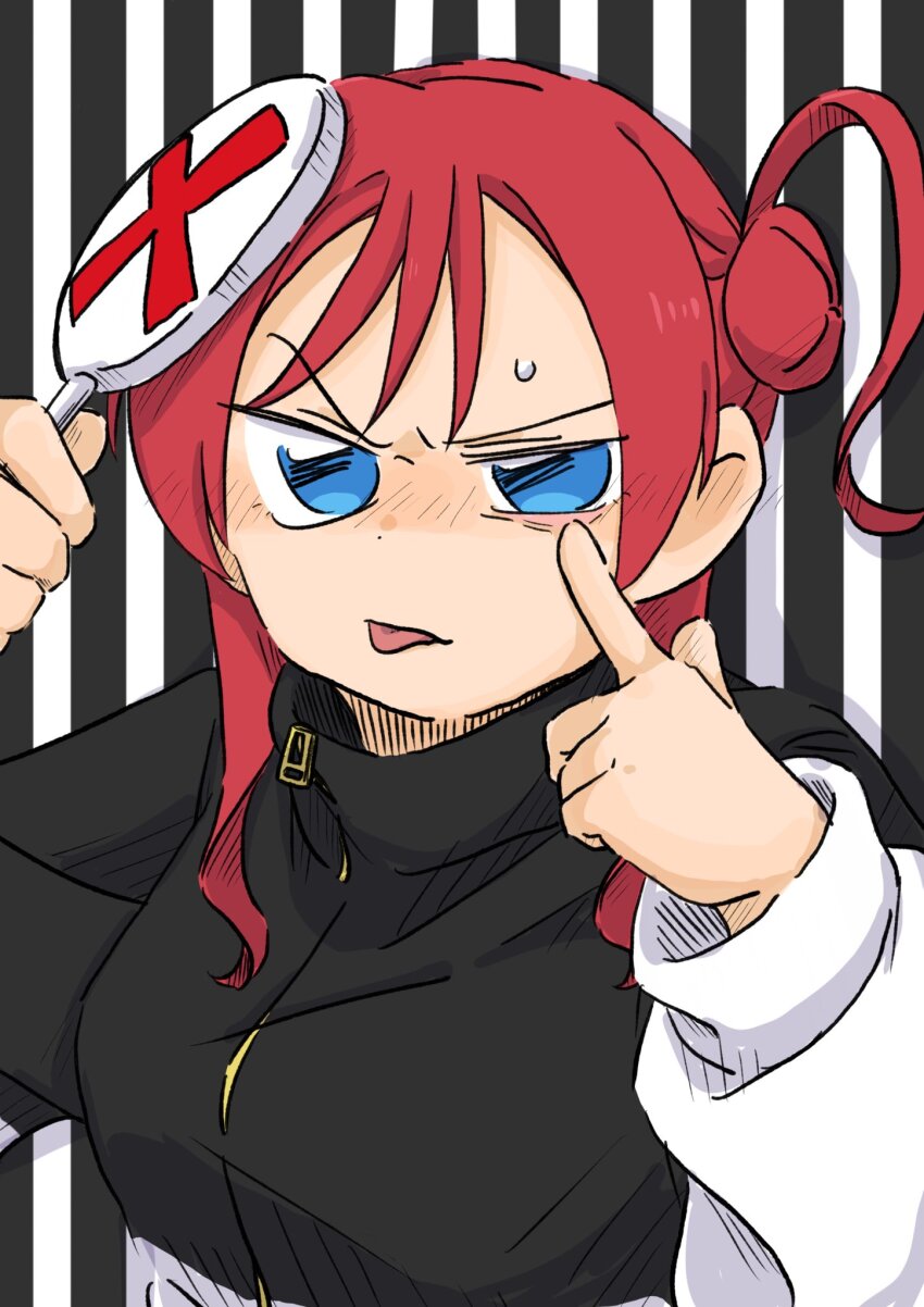 1girl, akanbe, black_jacket, blue_eyes, breasts, era_(asinosibire), eyelid_pull, hair_behind_ear, highres, holding, holding_sign, jacket, looking_at_viewer, love_live!, love_live!_superstar!!, medium_breasts, multicolored_jacket, red_hair, sign, solo, striped_background, sweatdrop, tongue, tongue_out, two-tone_jacket, v-shaped_eyebrows, vertical_stripes, white_jacket, yoneme_mei