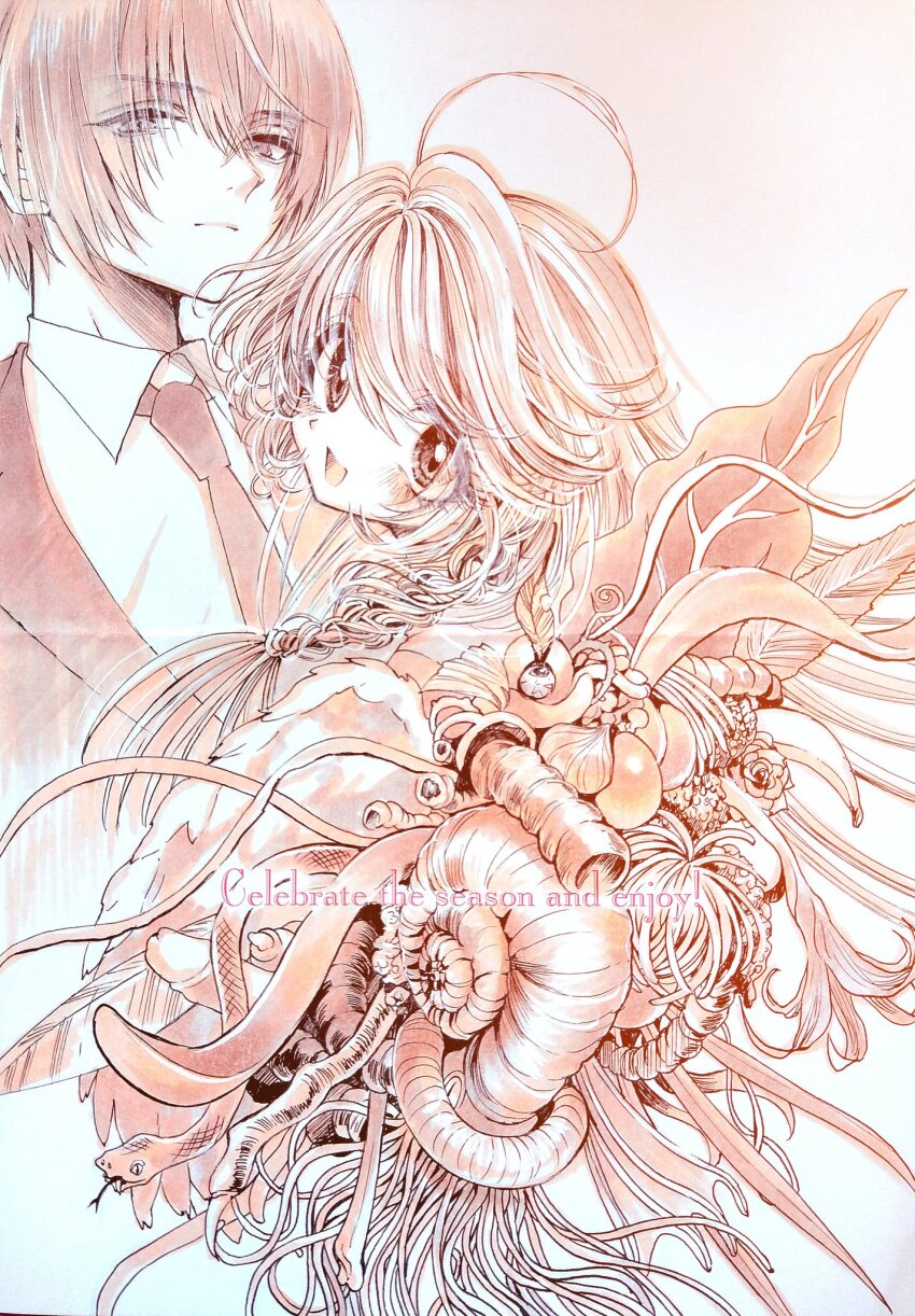 1boy, 1girl, ahoge, angel_wings, asymmetrical_wings, aya_carmine, banana, blush