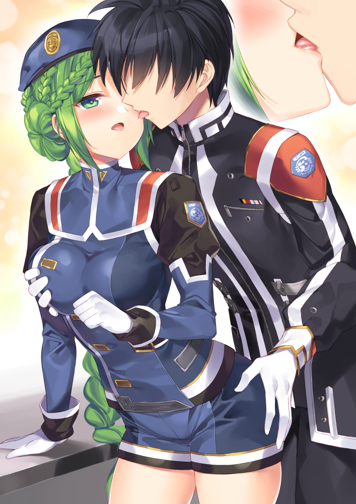 1boy, 1girl, anne_petriceani, ass_grab, beret, blue_headwear, blue_shorts, blush