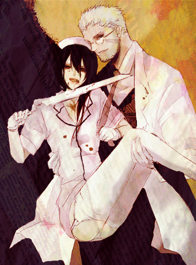 2boys, alexander_anderson, alucard_(hellsing), crossdressing, crossdressing_(mtf), girlycard, hellsing, knife, male_focus, multiple_boys, nurse, panties, sabir, thighhighs, underwear, yaoi