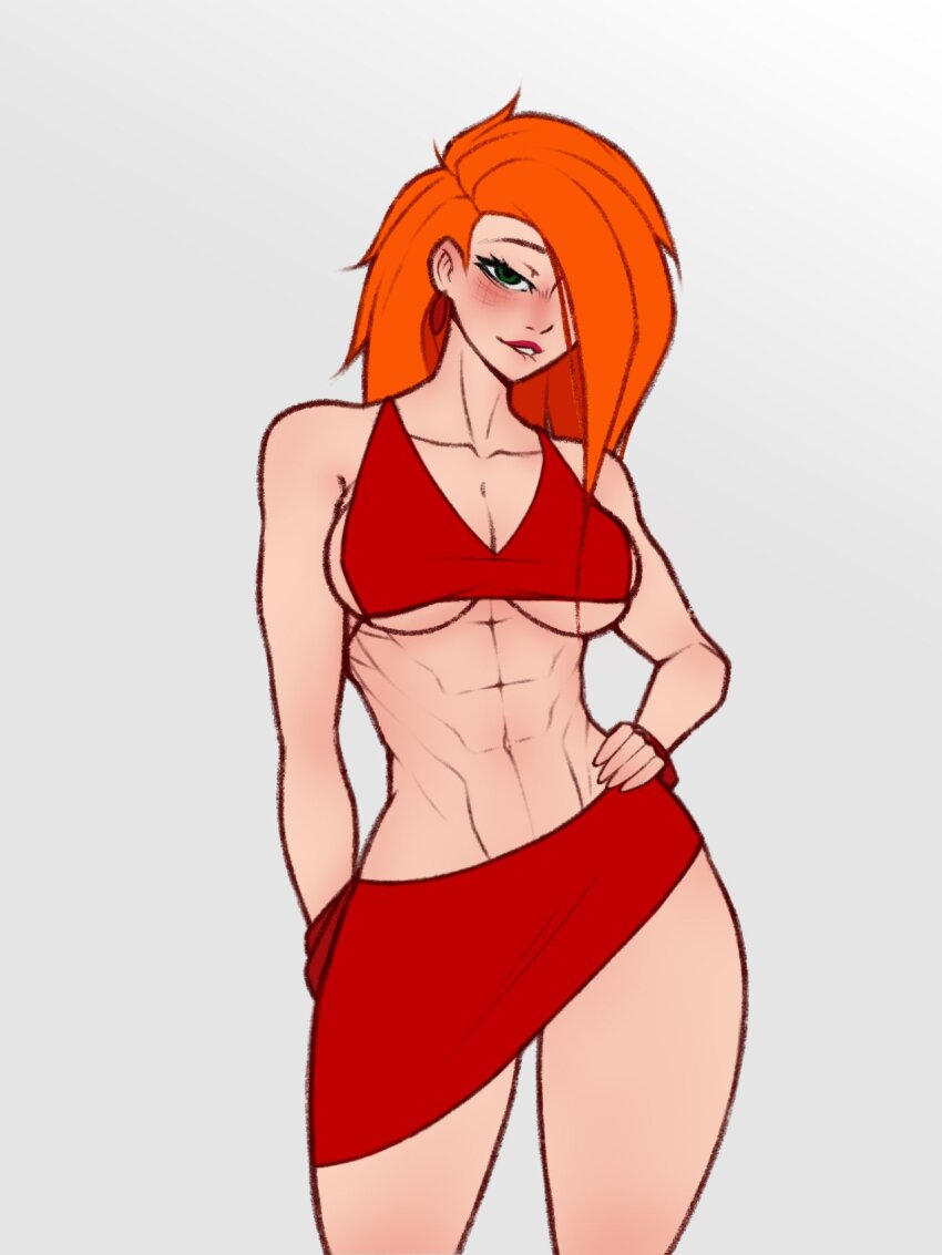 abs, aged_up, alternate_breast_size_(larger), aroused, bikini, bikini_bottom_only, bikini_skirt, bikini_top_only, biting_own_lip, blush, bra, bracelet, breasts, chaotic_spellkasper, cleavage, cleavage_cutout, clothing_cutout, collarbone, curvy, dress, ear_piercing, earrings, eyelashes, eyeliner, fringe_trim, green_eyes, hair_over_one_eye, half-closed_eyes, hand_on_own_hip, highres, image_sample, jewelry, kim_possible, kim_possible_(series), large_breasts, lips, lipstick, makeup, messy_hair, midriff, midriff_peek, muscular, muscular_female, narrow_waist, navel, obliques, oral, piercing, red_bikini, red_bra, red_hair, red_lips, red_skirt, revealing_clothes, sideboob, skirt, spellkasper, spread_legs, string_bikini, string_bra, swimsuit, thick_lips, thick_thighs, thigh_gap, thighs, tight_clothes, tight_dress, twitter, twitter_sample, twitter_username, underboob, underboob_cutout, underbust, underwear, wide_hips