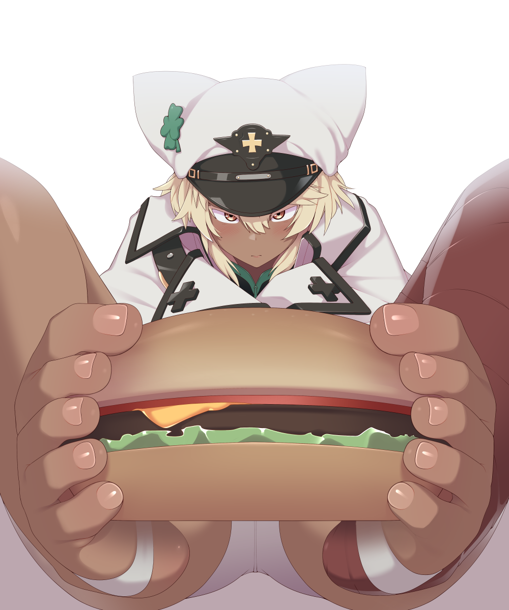 1girl, barefoot, blonde_hair, blush, burger, close-up, dark_skin, feet