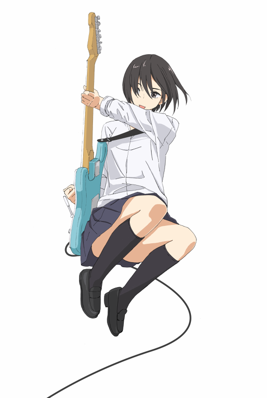 1girl, black_hair, brown_eyes, electric_guitar, female_focus, fender_stratocaster, full_body, guitar