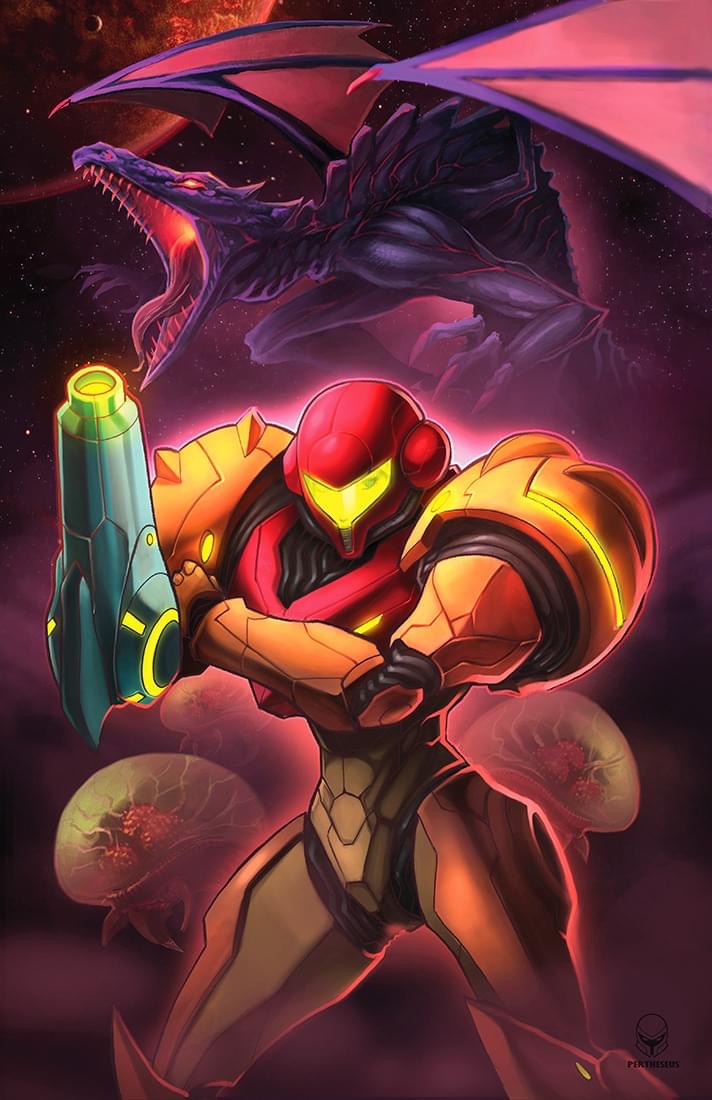1girl, 4others, metroid, metroid_(creature), multiple_others, nintendo, pertheseus, ridley