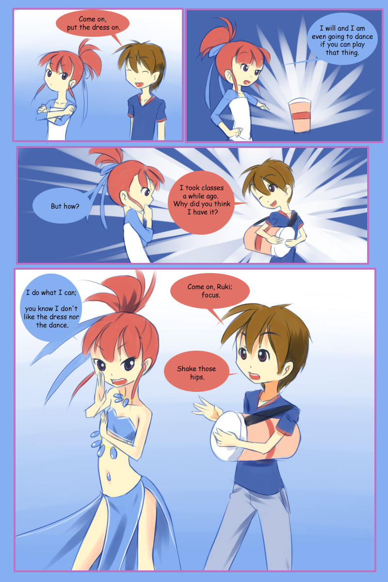 1boy, 1girl, belly_dancer, navel_piercing, blue_background, blue_dress, blue_shirt, blue_sleeves