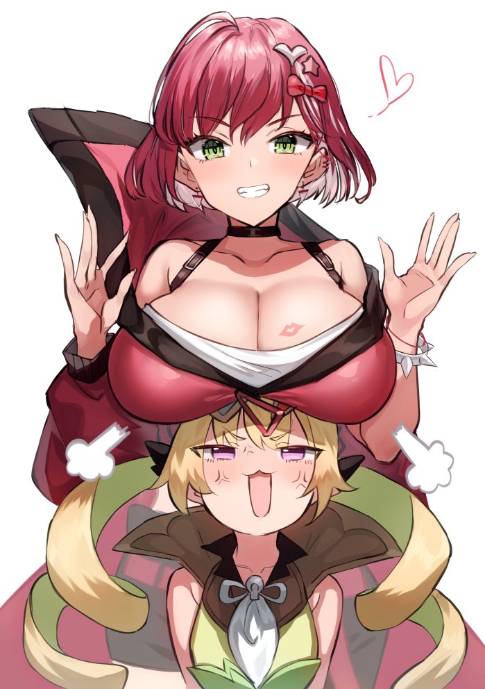 2girls, anger_vein, blonde_hair, breast_envy, breast_rest, breasts, breasts_on_head, cleavage, colored_inner_hair, duel_monster, evil_twin's_trouble_sunny, evil_twin_ki-sikil, eyewear_on_head, green_eyes, green_hair, height_difference, ki-sikil_(yu-gi-oh!), large_breasts, lipstick_mark, lipstick_mark_on_breast, long_hair, looking_at_viewer, multicolored_hair, multiple_girls, open_mouth, pink_hair, purple_eyes, short_hair, sleeveless, smile, suminagashi, sunny_(yu-gi-oh!), yu-gi-oh!