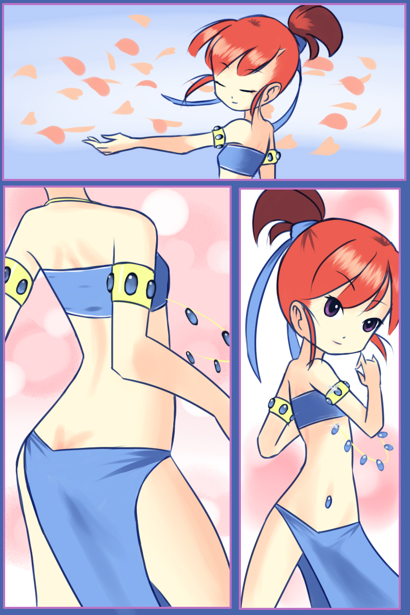 1girl, armband, bare_legs, belly_dancer, black_border, blue_background, blue_dress, border, butt_crack, dancer, dancing, digimon, digimon_tamers, drantyno, dress, falling_petals, female_focus, flat_chest, from_behind, gradient_background, highres, hip_focus, jewelled_navel, jewelry, loli, makino_ruki, midriff, multiple_views, narrow_waist, navel, open_clothes, open_dress, petals, pink_background, ponytail, purple_border, purple_eyes, red_hair, short_hair, short_hair_with_long_locks, smile, strapless, strapless_dress