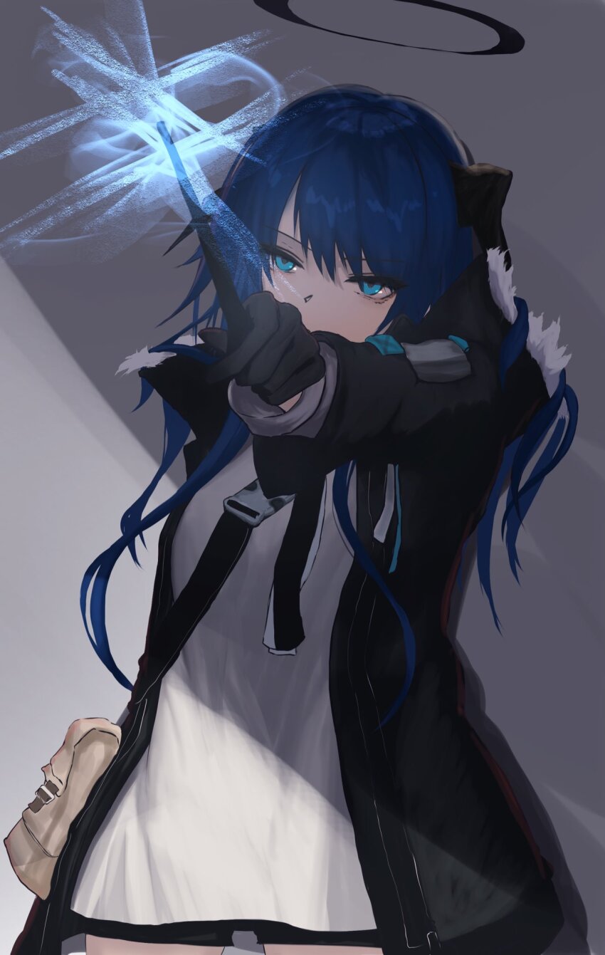 1girl, arknights, black_gloves, black_jacket, black_shorts, blue_eyes, blue_hair, demon_horns