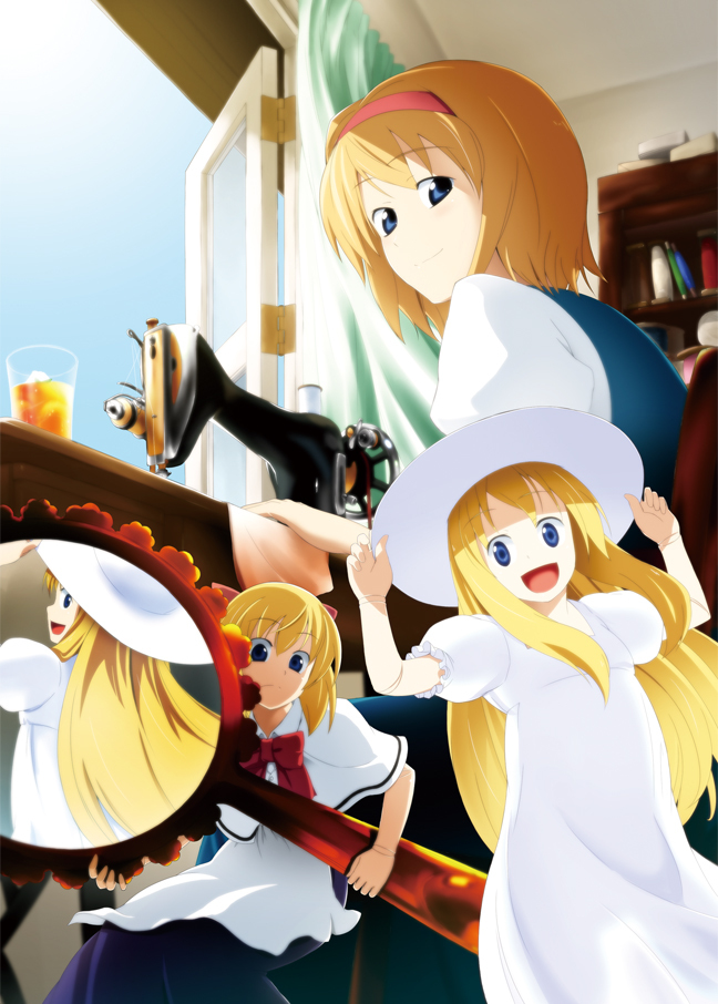 1girl, :d, alice_margatroid, blonde_hair, blue_eyes, bow, bowtie, capelet