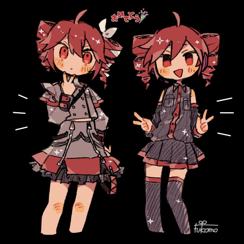 2girls, ahoge, bare_shoulders, black_background, black_shirt, black_skirt, black_thighhighs, blush_stickers