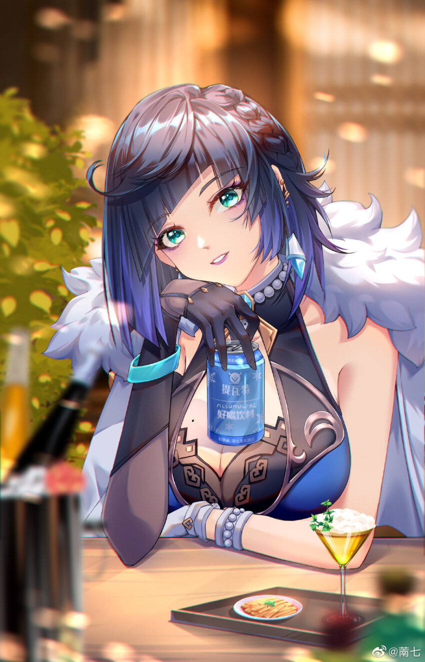bad_link, bad_weibo_link, blue_hair, bush, coat, drink, earrings, genshin_impact