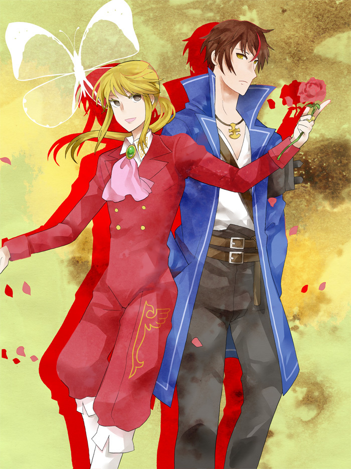 2boys, androgynous, bad_id, bad_pixiv_id, belt, black_hair, blonde_hair, flower
