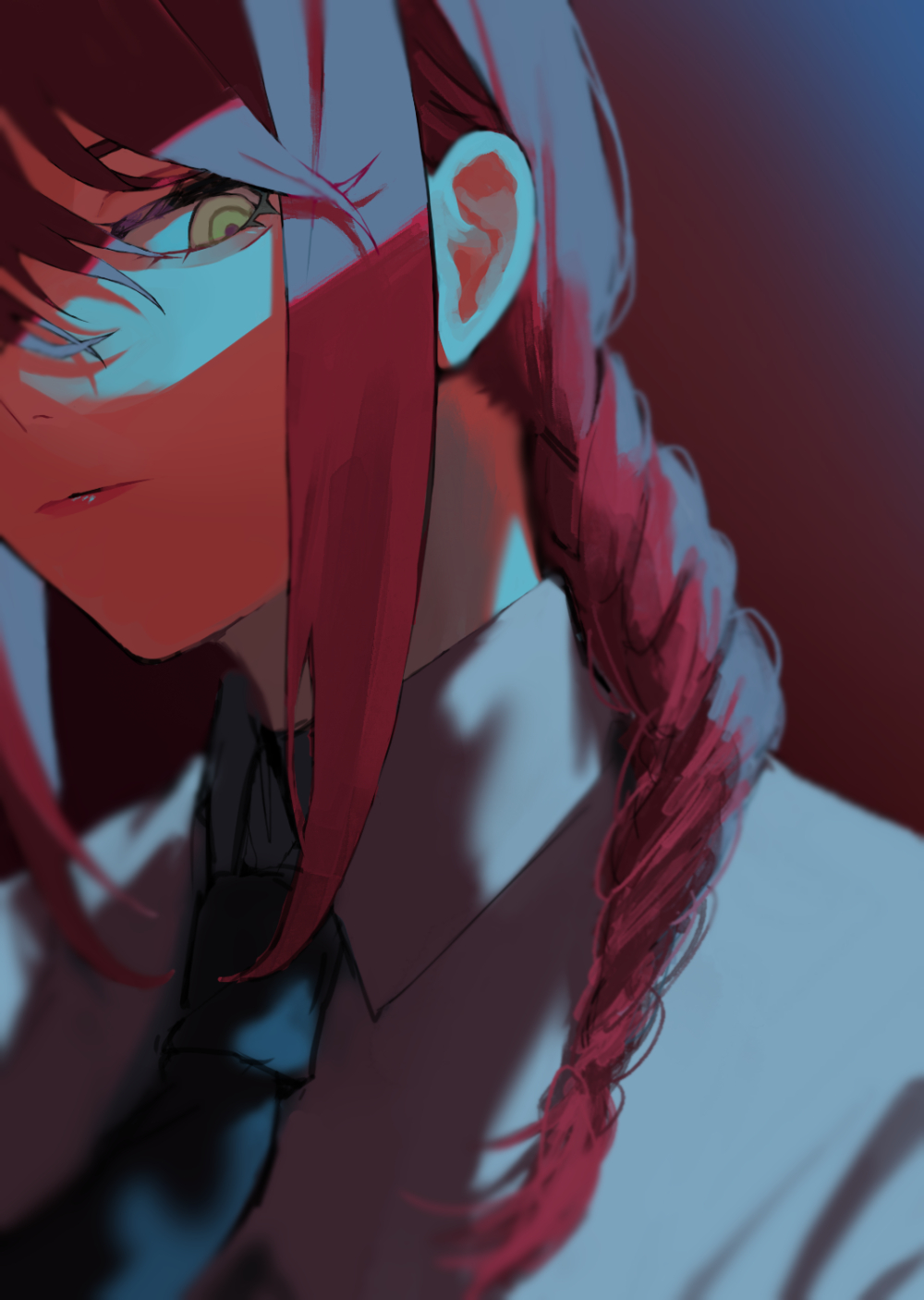 1girl, braid, chainsaw_man, dark_background, expressionless, formal_clothes, highres, kcge5433, long_hair, looking_down, makima_(chainsaw_man), necktie, orange_eyes, red_background, red_hair, shirt, sidelocks, single_braid, solo, white_shirt