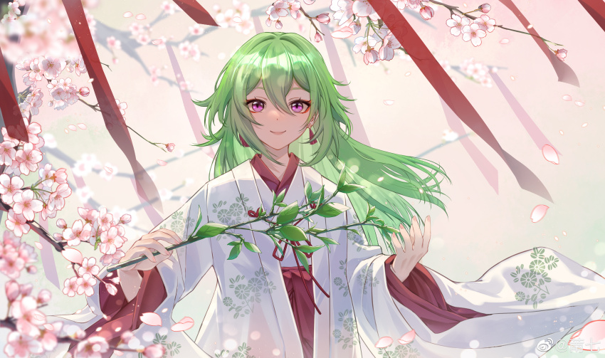 absurdres, bad_link, bad_weibo_link, cherry_blossoms, earrings, floral_print, genshin_impact, grey_hair