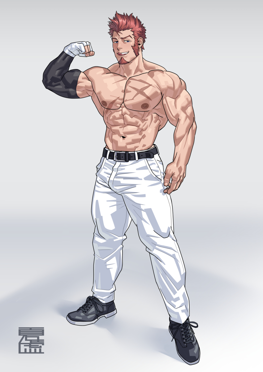 1boy, :q, abs, bara, belt, biceps, black_belt, blue_eyes