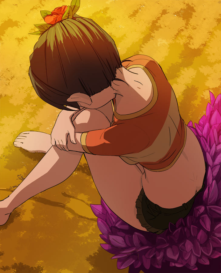 1girl, barefoot, black_hair, breasts, butt_crack, flower, foot_out_of_frame, gegege_no_kitarou