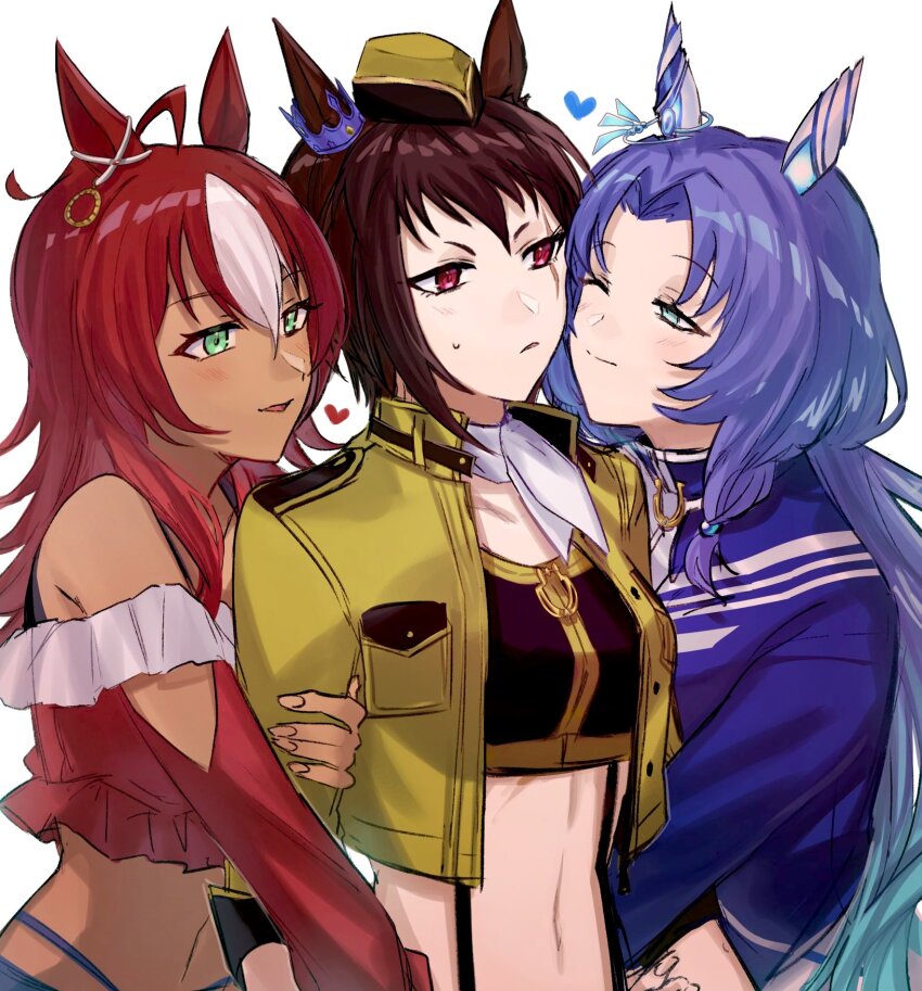 3girls, ahoge, animal_ears, aoki_shizumi, arm_hug, ascot, bare_shoulders, black_shirt