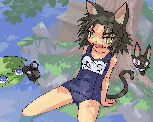 1girl, animal_ears, brown_hair, camera, cat, cat_ears, fangs, female_focus