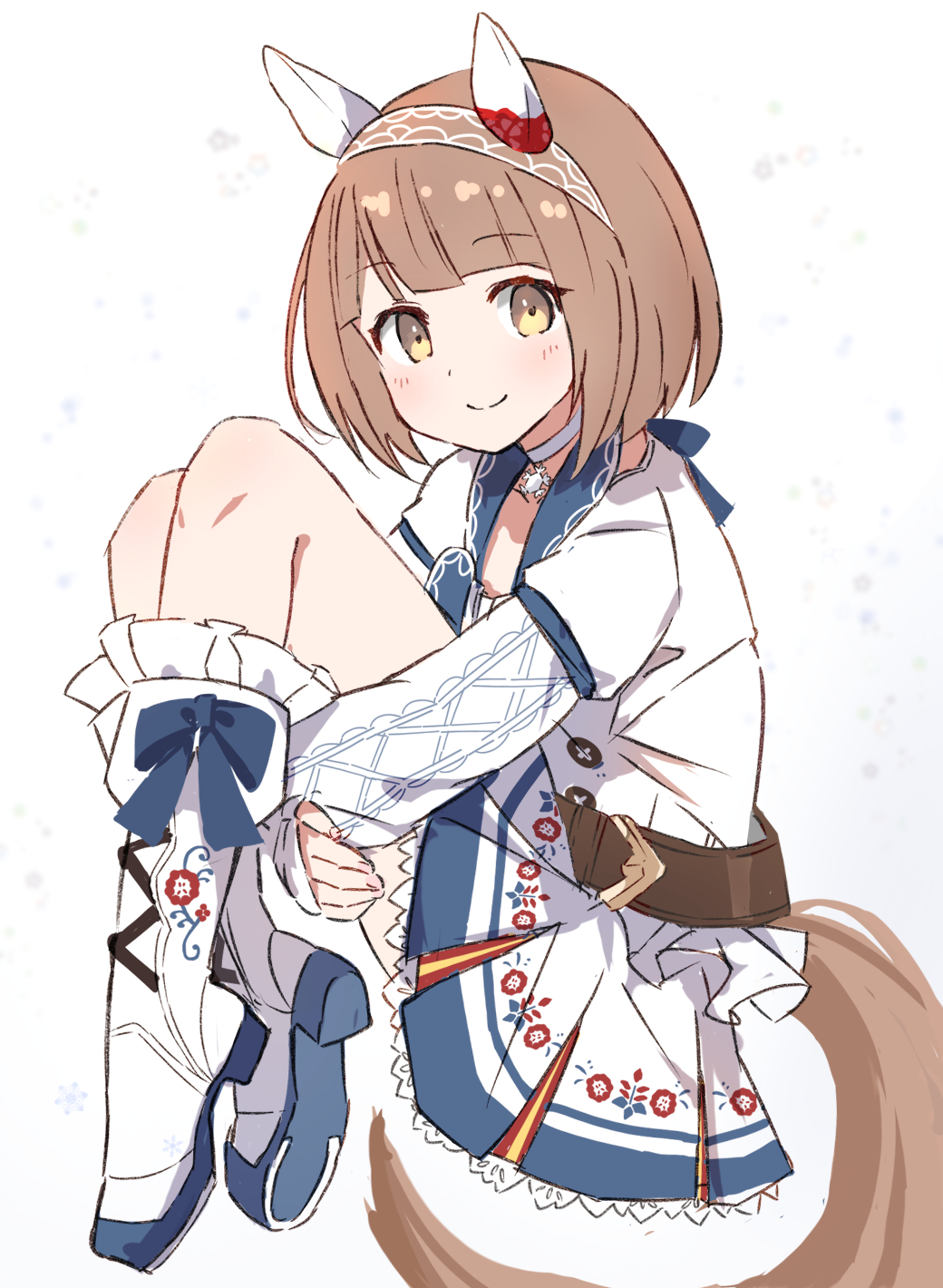 1girl, animal_ears, blush, boots, brown_hair, choker, closed_mouth, ear_covers