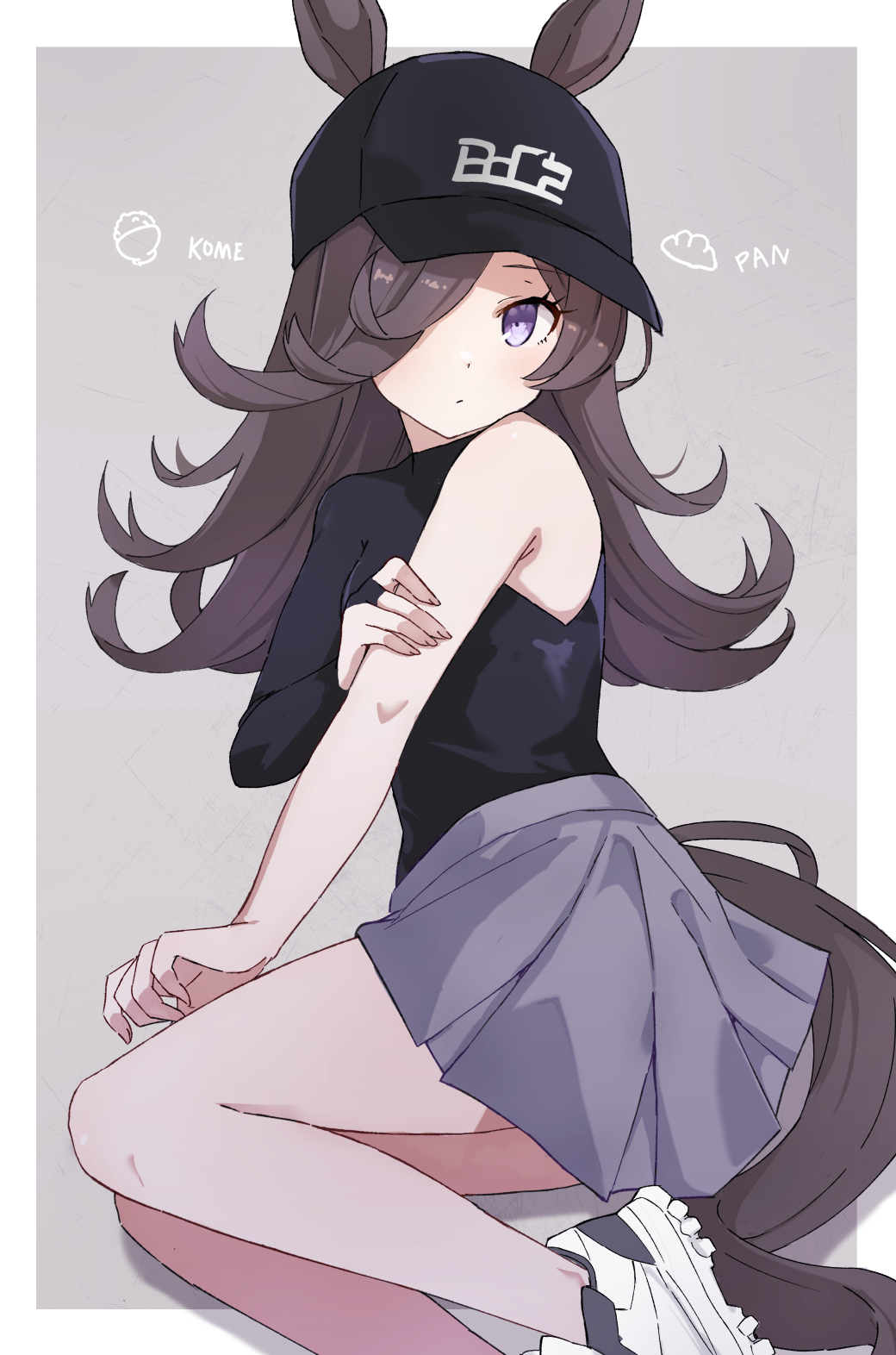 1girl, animal_ears, baseball_cap, black_hat, black_shirt, breasts, brown_hair, closed_mouth, ears_through_headwear, grey_skirt, hair_over_one_eye, hat, highres, horse_ears, horse_girl, horse_tail, long_hair, looking_at_viewer, miniskirt, musicccc, purple_eyes, rice_shower_(boc'z)_(umamusume), rice_shower_(umamusume), shirt, shirt_tucked_in, shoes, single_sleeve, sitting, skirt, small_breasts, sneakers, solo, tail, umamusume, yokozuwari