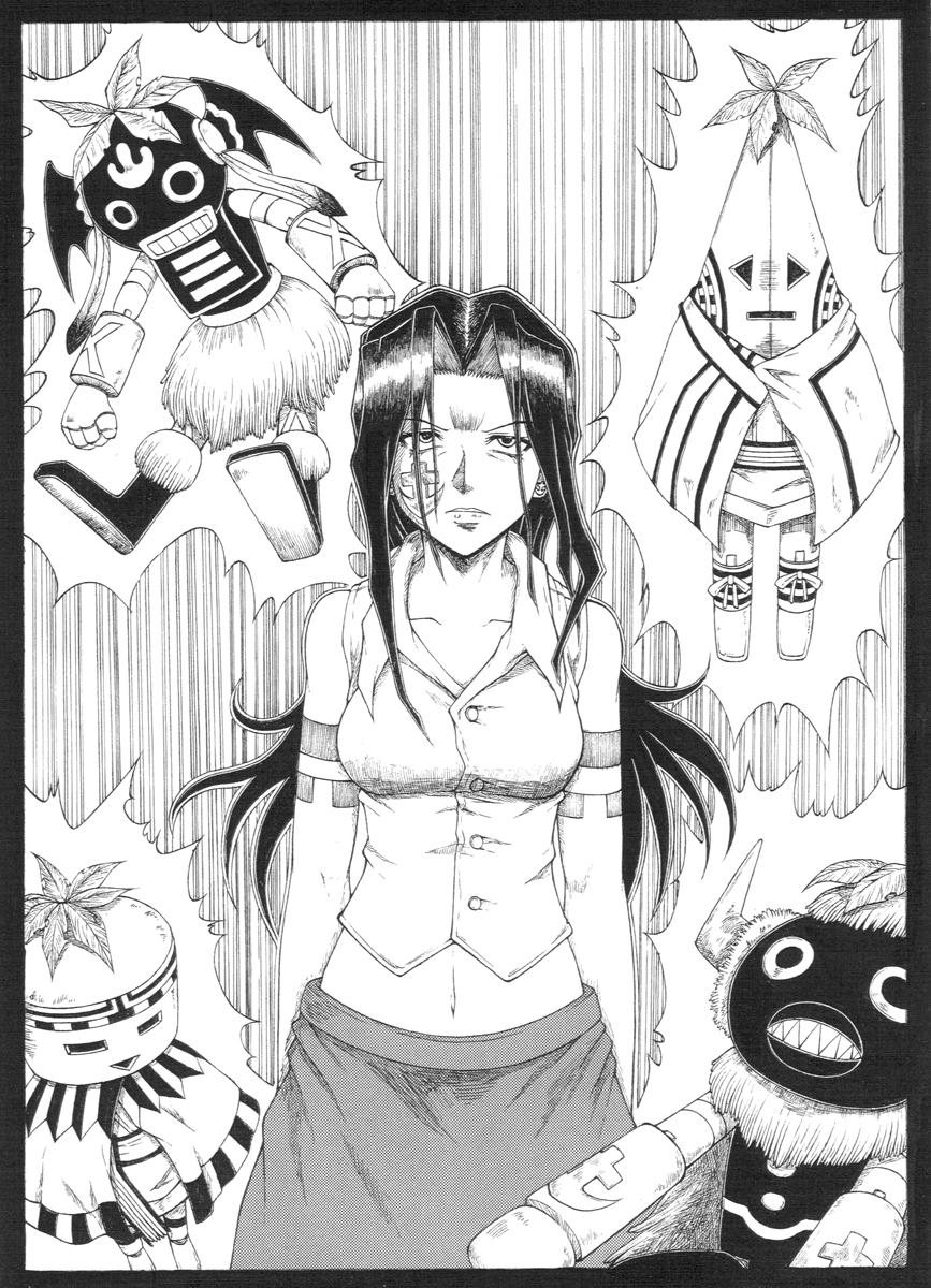 1girl, 4others, artist_request, aura, bare_shoulders, breasts, doll, emphasis_lines