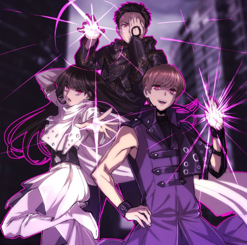 1girl, 2boys, arm_up, armor, black_coat, black_hair, black_headwear, black_jacket