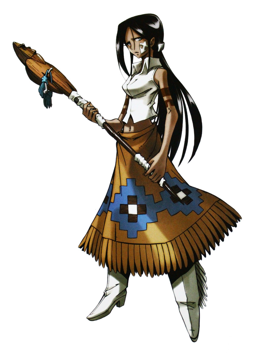 1girl, absurdres, arm_tattoo, bare_shoulders, black_hair, blue_eyes, breasts, clenched_hand, dark-skinned_female, dark_skin, facial_tattoo, highres, holding, holding_staff, lilirara, long_hair, looking_at_viewer, low_ponytail, medium_breasts, native_american, navel, official_art, ponytail, shaman_king, shoulder_tattoo, simple_background, solo, staff, standing, takei_hiroyuki, tattoo, transparent_background, very_long_hair