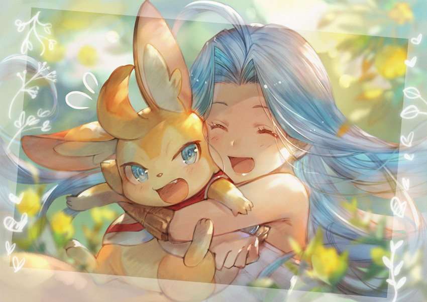 1girl, ahoge, animal, animal_ear_fluff, animal_hug, bare_shoulders, blue_eyes, blue_hair