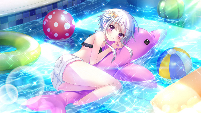 1girl, afloat, ass, ball, beachball, bikini, black_bikini, dolphin