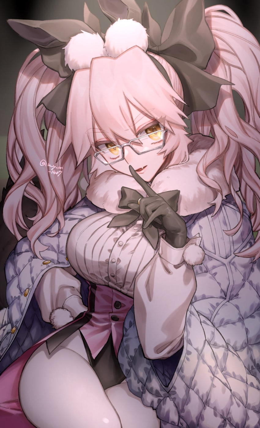 1girl, animal_ears, black_bow, black_bowtie, black_gloves, bow, bowtie, breasts, buttons, cloak, commentary_request, fake_animal_ears, fang, fate/grand_order, fate_(series), fur-trimmed_cloak, fur_trim, glasses, gloves, hair_between_eyes, hair_bow, hand_on_own_hip, highres, index_finger_raised, koyanskaya_(assassin)_(second_ascension)_(fate), koyanskaya_(fate), koyuki_suzu, large_breasts, long_hair, long_sleeves, looking_at_viewer, pantyhose, pink_hair, playboy_bunny, rabbit_ears, skin_fang, solo, twintails, twitter_username, white_cloak, white_pantyhose, yellow_eyes