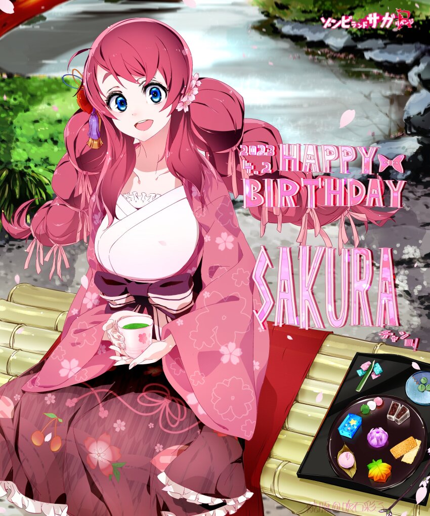 1girl, :d, absurdres, bamboo_bench, bench, blue_eyes, bow, character_name, copyright_name, cup, flower, food, green_tea, hair_flower, hair_ornament, hair_ribbon, haori, happy_birthday, heart, heart_hands, highres, holding, holding_cup, jacket, japanese_clothes, long_hair, looking_at_viewer, low-tied_long_hair, low_twintails, minamoto_sakura, open_mouth, outdoors, petals, pink_jacket, pink_ribbon, pond, red_hair, red_skirt, ribbon, shirt, sitting, skirt, smile, solo, swept_bangs, tea, teacup, twintails, white_bow, white_shirt, yakibuta_(shimapow), zombie_land_saga