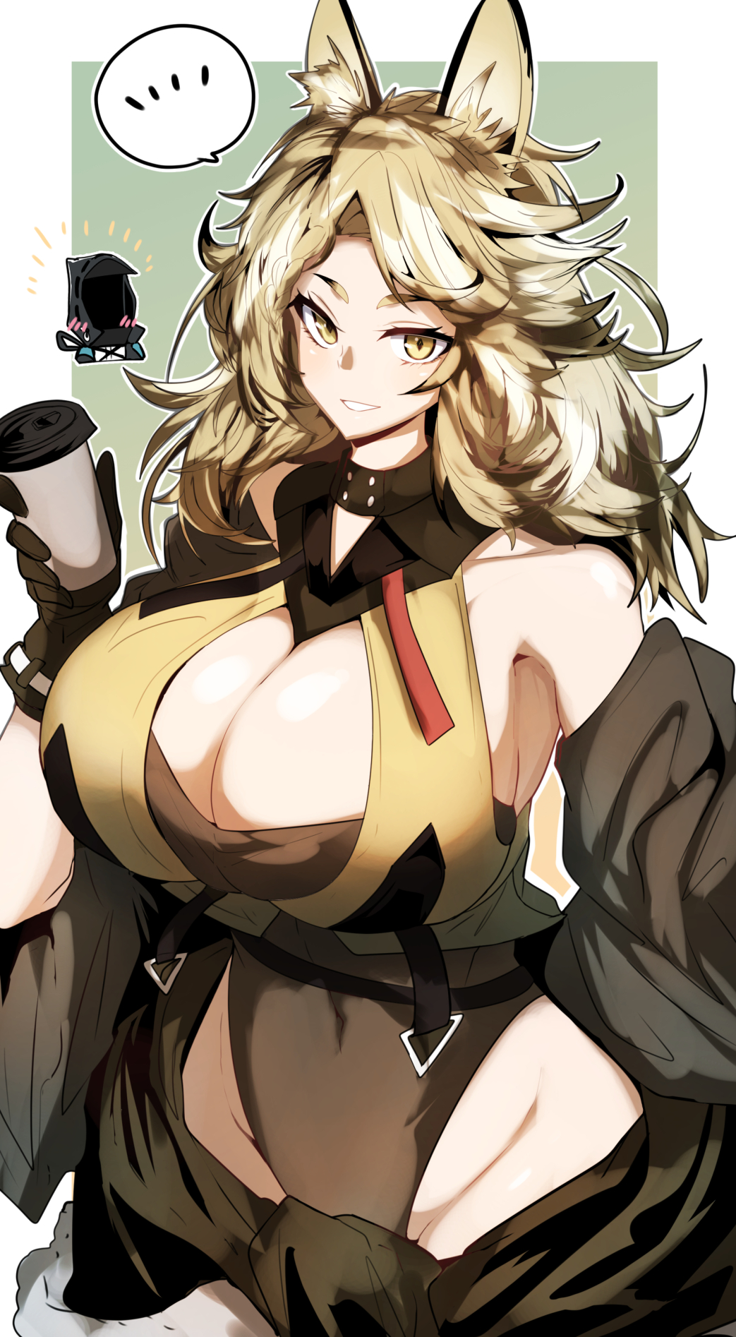 1girl, animal_ears, arknights, bare_shoulders, black_gloves, blonde_hair, border, breasts, chibi, chibi_inset, cleavage, cleavage_cutout, clothing_cutout, cowboy_shot, cup, detached_sleeves, disposable_coffee_cup, disposable_cup, doctor_(arknights), gin_moku, gloves, green_background, groin, highres, holding, holding_cup, huge_breasts, looking_at_viewer, lowleg, medium_hair, messy_hair, notice_lines, outside_border, parted_lips, quercus_(arknights), simple_background, smile, solo, speech_bubble, spoken_notice_lines, thick_eyebrows, white_border, yellow_eyes